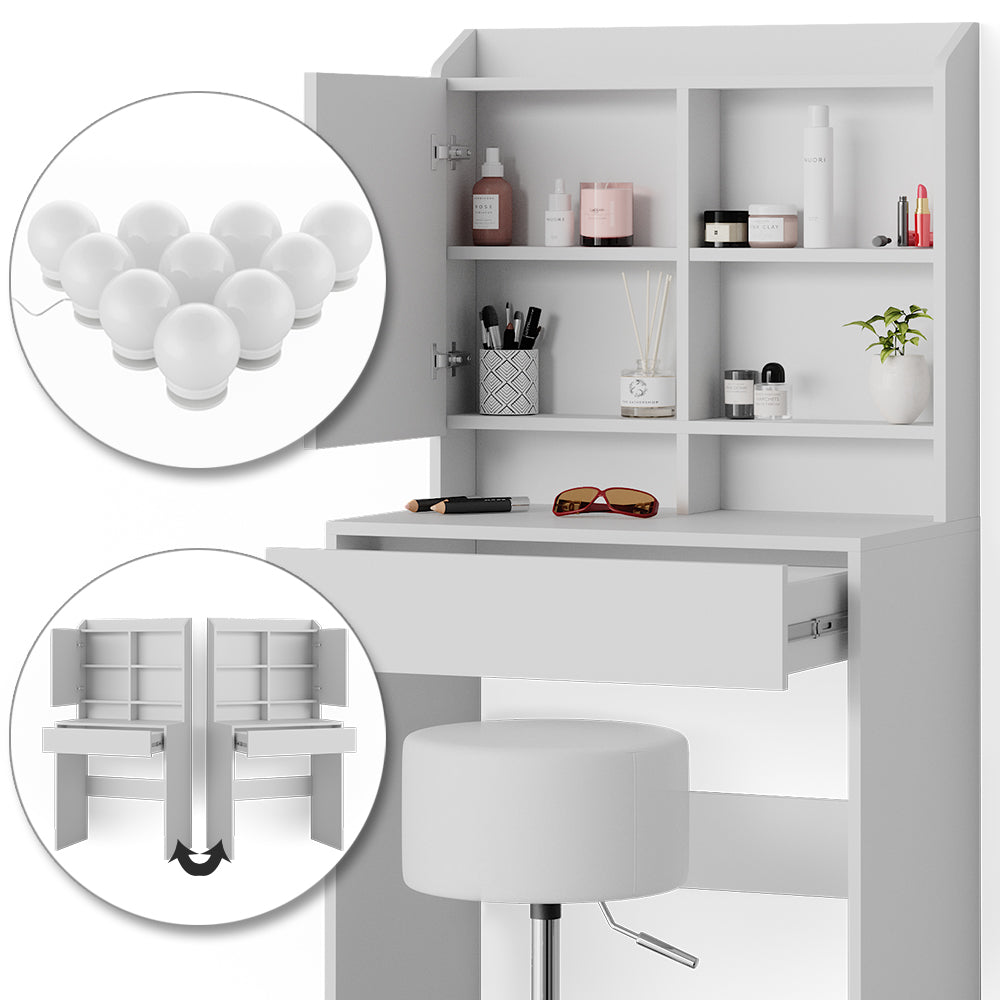 Vicco Tavolo da toeletta Bianco 70 cm con illuminazione LED e sgabello