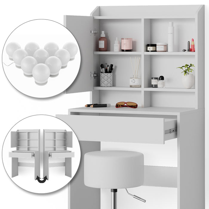 Vicco Tavolo da toeletta Bianco 70 cm con illuminazione LED e sgabello