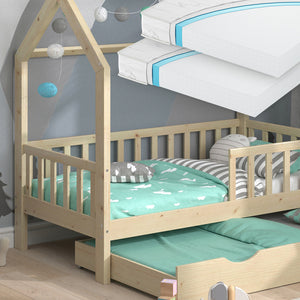 Vitalispa Letto montessori bambini Legno naturale 80x160 cm con letto per ospiti e materasso