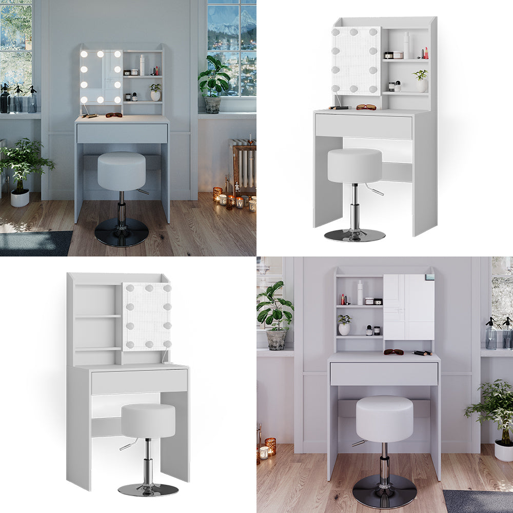 Vicco Tavolo da toeletta Bianco 70 cm con illuminazione LED e sgabello