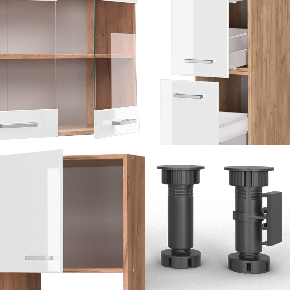 Vicco Cucina componibile Bianco lucido/oro power oak 350 cm con armadio alto, senza piano di lavoro