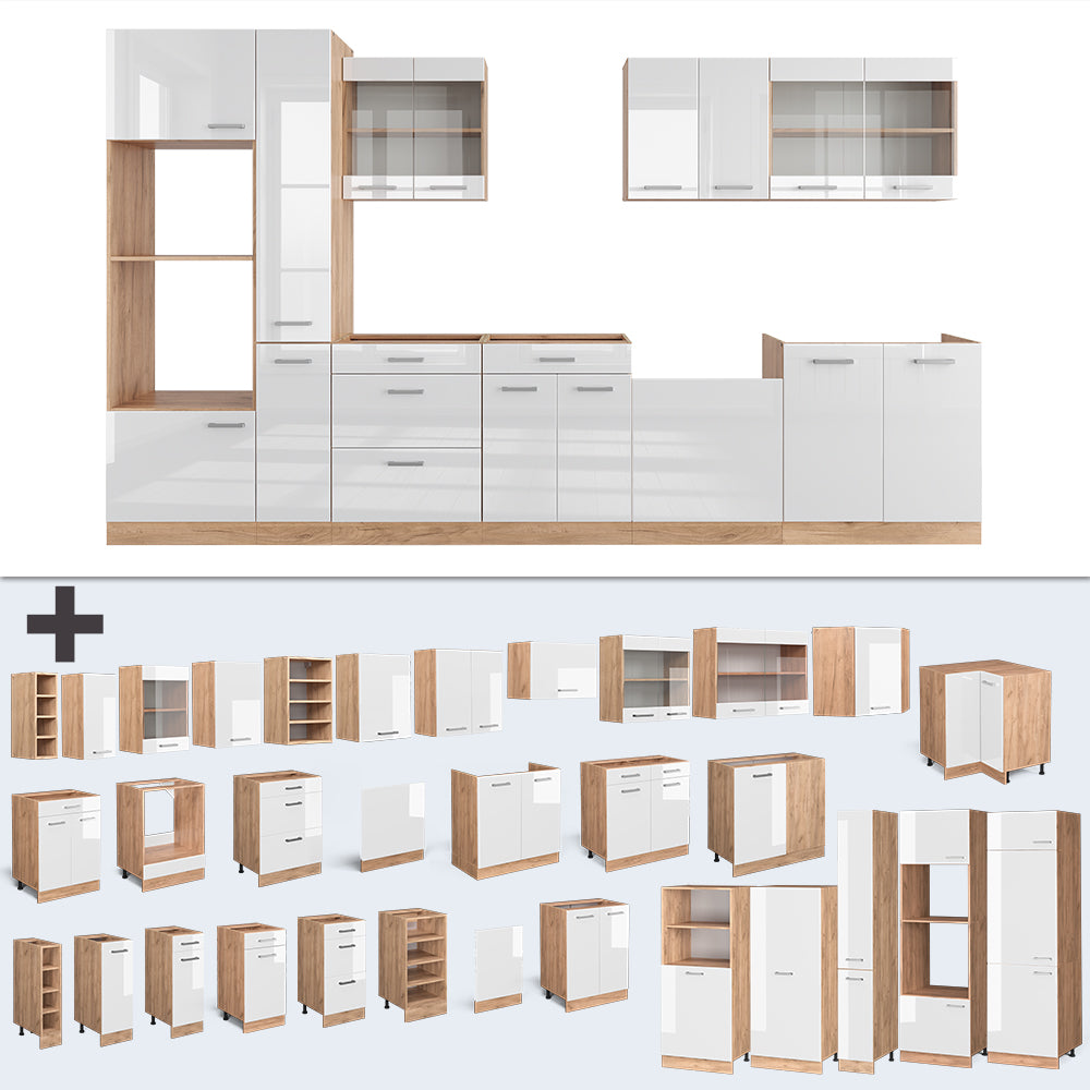 Vicco Cucina componibile Bianco lucido/oro power oak 350 cm con armadio alto, PL Marmo