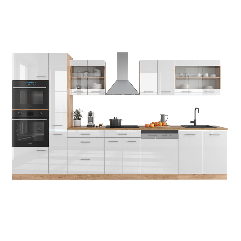 Vicco Cucina componibile Bianco lucido/oro power oak 350 cm con armadio alto, senza piano di lavoro