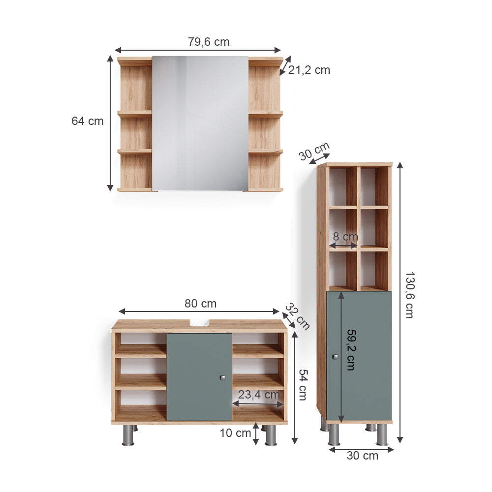 Vicco Set mobili bagno Verde 3 pezzi, base 80 cm