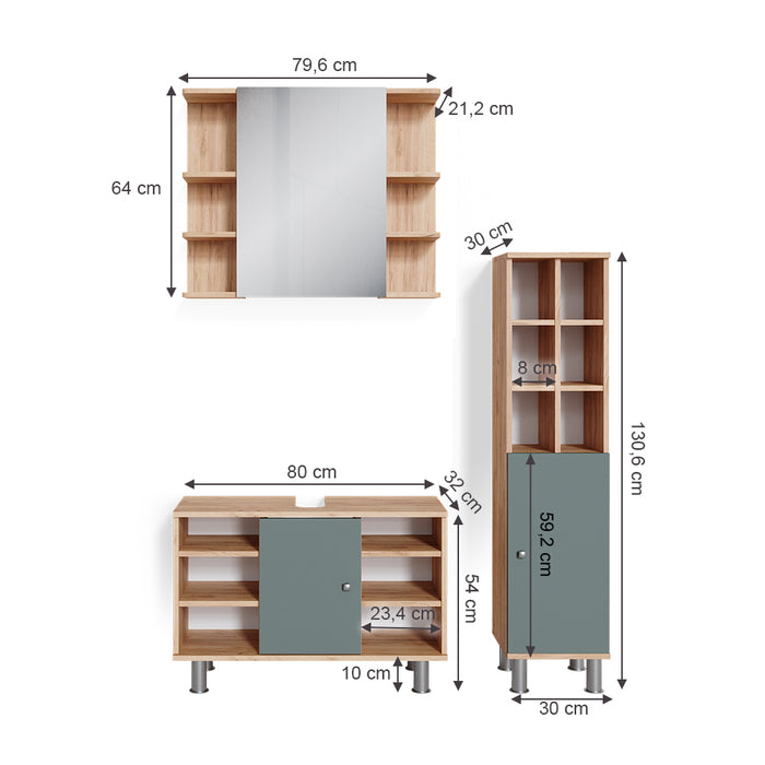 Vicco Set mobili bagno Verde 3 pezzi, base 80 cm