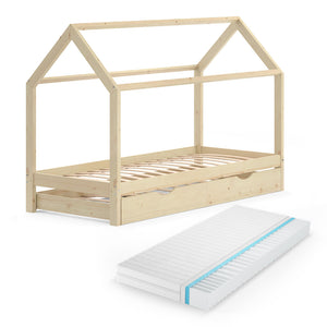 Vitalispa Letto montessori bambini Legno naturale 90x200 cm con letto per ospiti e materasso