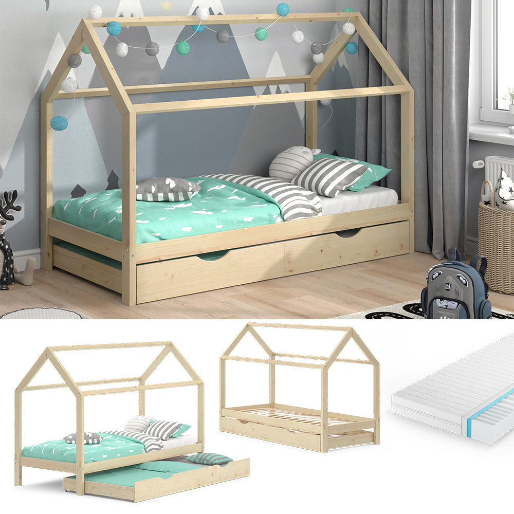 Vitalispa Letto montessori bambini Legno naturale 90x200 cm con letto per ospiti e materasso