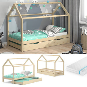 Vitalispa Letto montessori bambini Legno naturale 90x200 cm con letto per ospiti e materasso