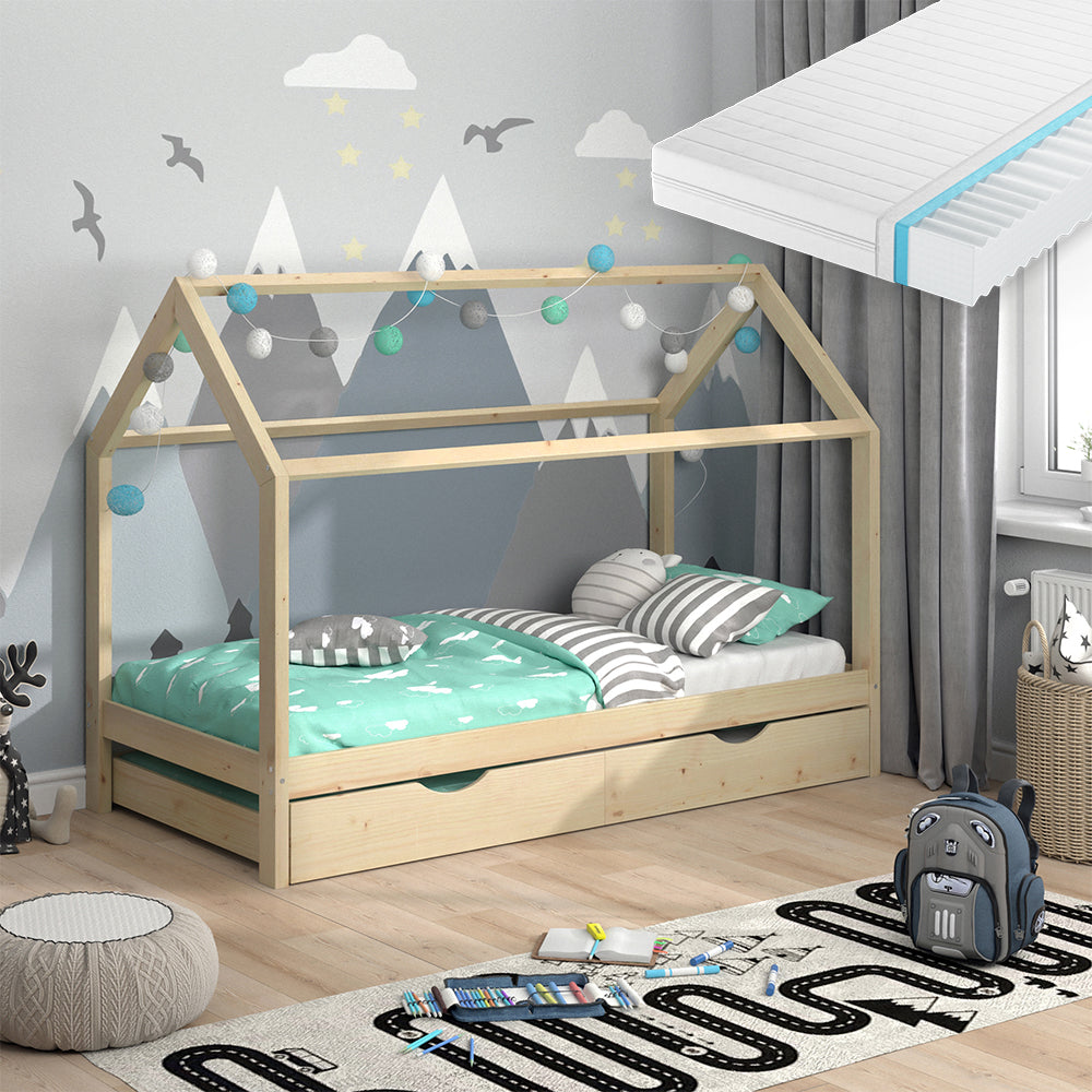 Vitalispa Letto montessori bambini Legno naturale 90x200 cm con letto per ospiti e materasso