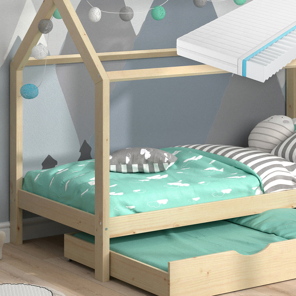 Vitalispa Letto montessori bambini Legno naturale 90x200 cm con letto per ospiti e materasso