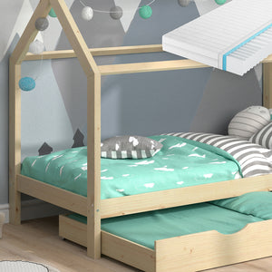 Vitalispa Letto montessori bambini Legno naturale 90x200 cm con letto per ospiti e materasso