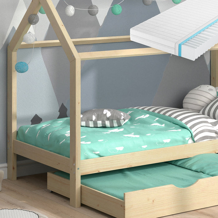 Vitalispa Letto montessori bambini Legno naturale 90x200 cm con letto per ospiti e materasso