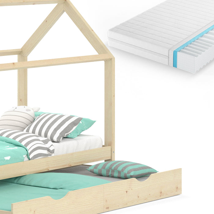 Vitalispa Letto montessori bambini Legno naturale 90x200 cm con letto per ospiti e materasso