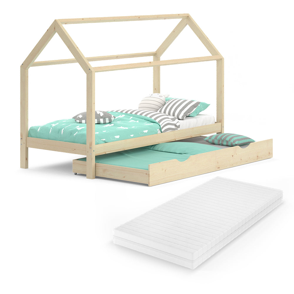 Vitalispa Letto montessori bambini Legno naturale 90x200 cm con letto per ospiti e materasso