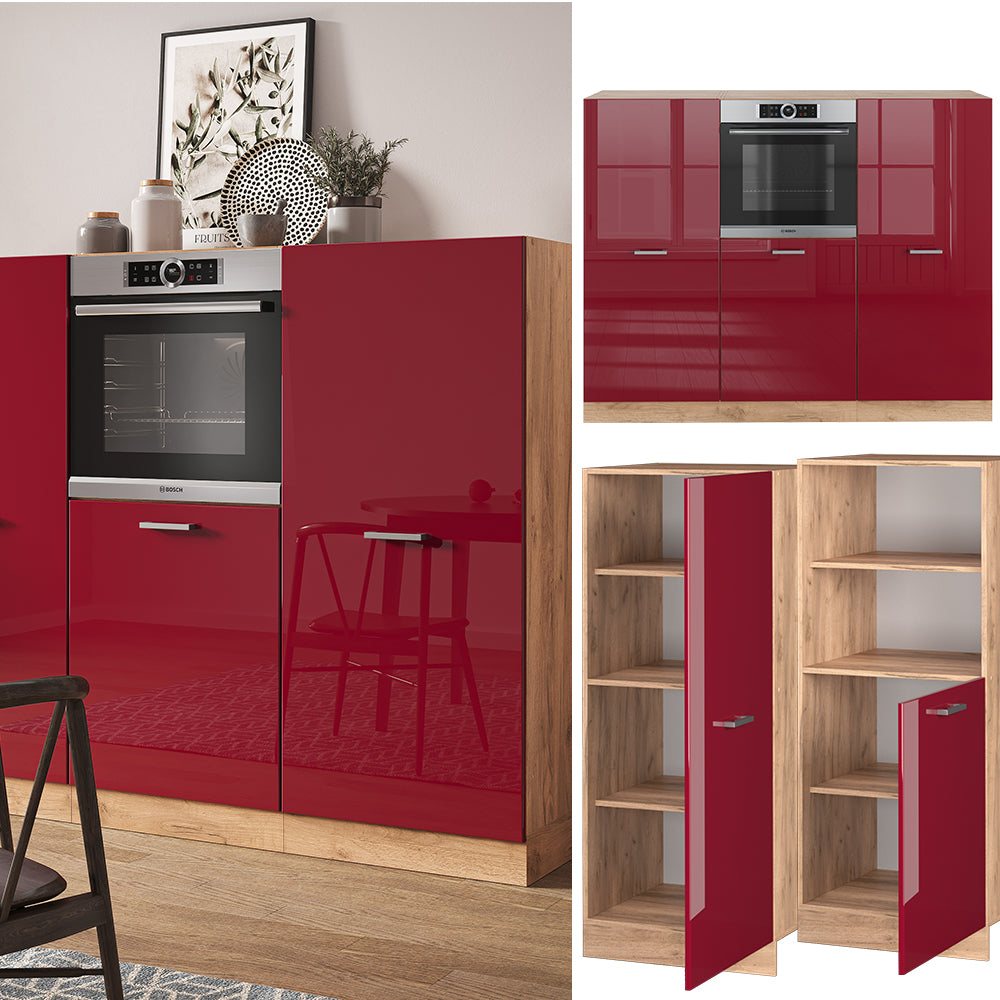 Vicco Cucine componibili piccole Rosso lucido/rovere dorato 180 cm senza piano di lavoro