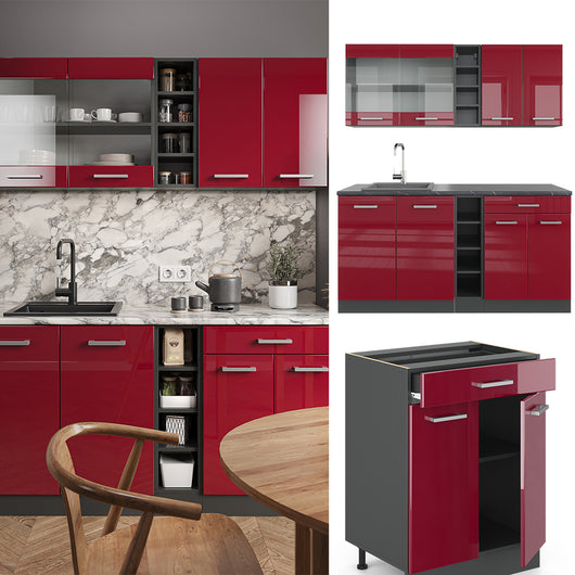 Vicco Cucina completa Rosso lucido/antracite 160 cm senza piano di lavoro