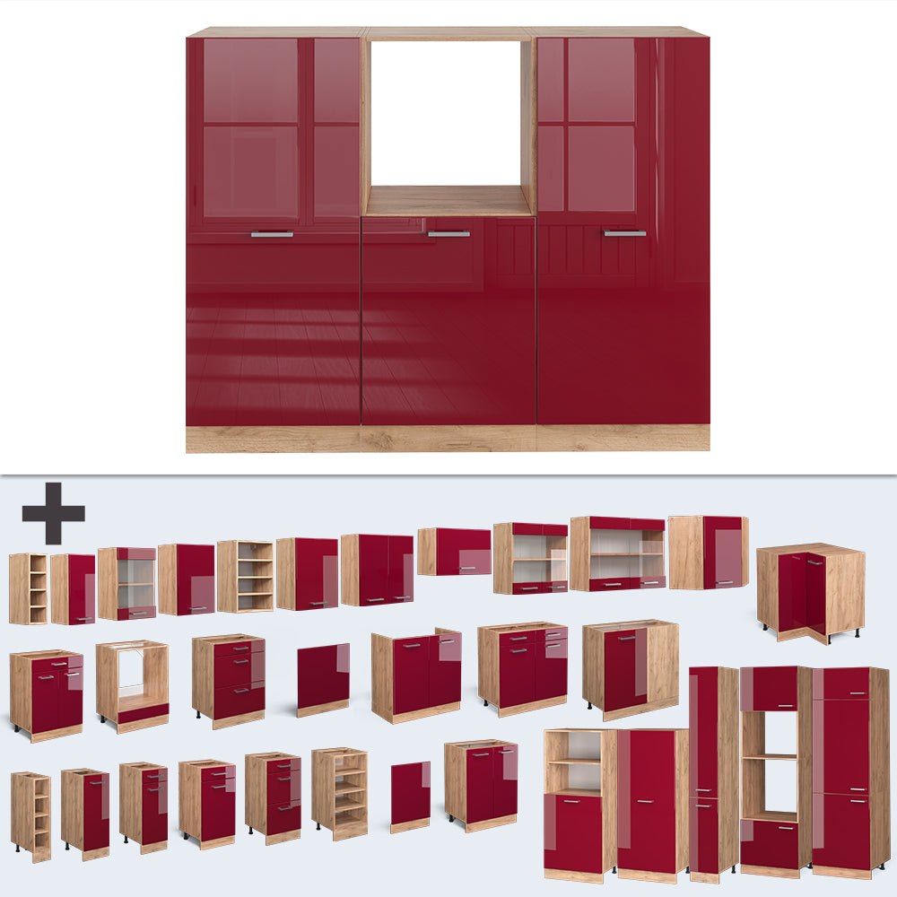 Vicco Cucine componibili piccole Rosso lucido/rovere dorato 180 cm senza piano di lavoro