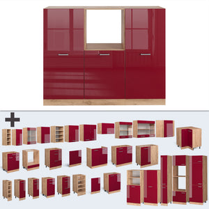 Vicco Cucine componibili piccole Rosso lucido/rovere dorato 180 cm senza piano di lavoro