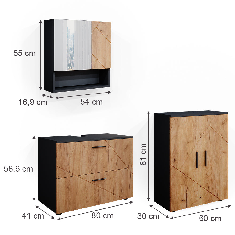 Vicco Set mobili bagno Quercia dorata/antracite 3 pezzi, con base 80 cm