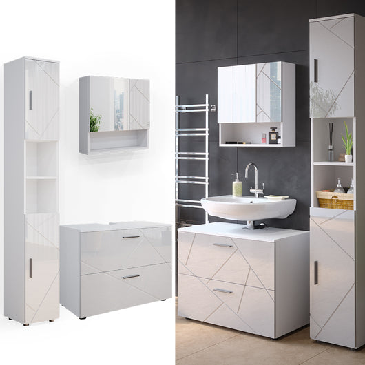 Vicco Set mobili bagno Bianco lucido 3 parti, con cassettiera e colonna