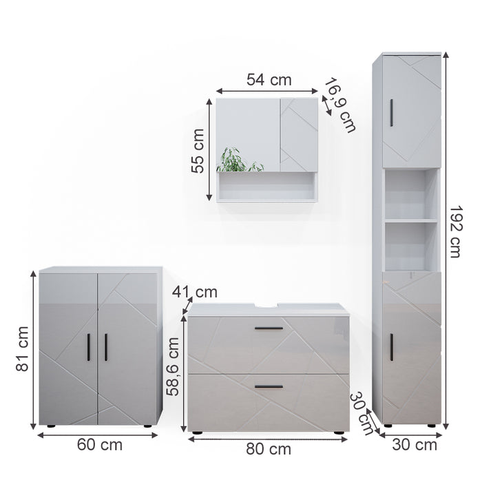 Vicco Set mobili bagno Bianco lucido 4 pezzi, con cassettiera e mobile midi