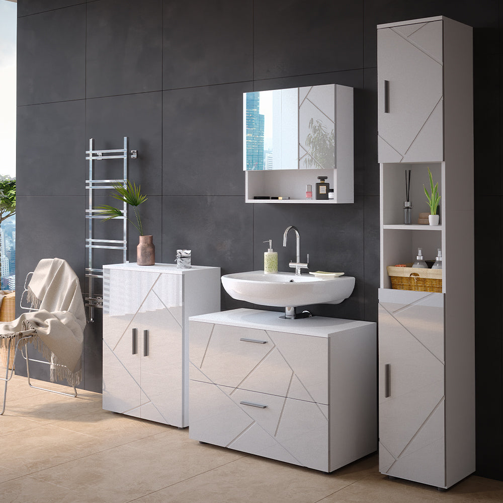 Vicco Set mobili bagno Bianco lucido 4 pezzi, con cassettiera e mobile midi