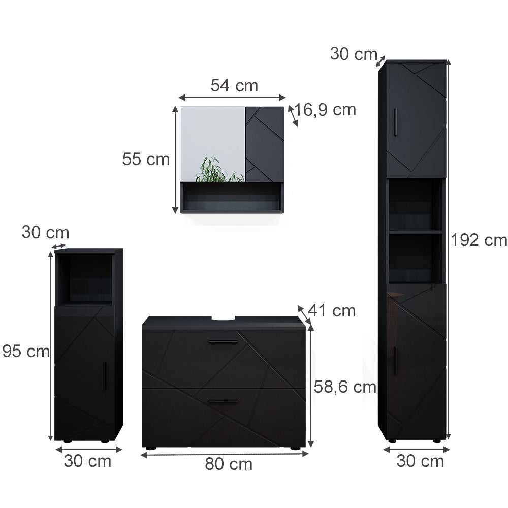 Vicco Set mobili bagno Antracite lucido 4 parti, con cassettiera e colonna