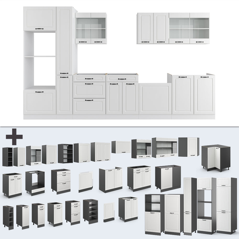 Vicco Mobile da cucina Casa di campagna bianca/bianco 350 cm con armadio alto, PL Marmo