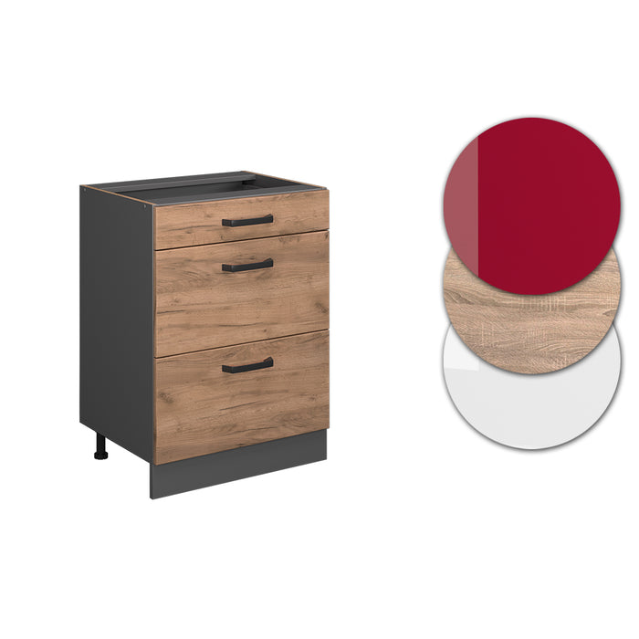 Vicco Mobiletto base per cucina Quercia dorata 60 cm con cassetti, senza piano di lavoro