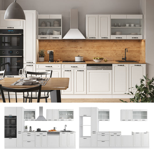 Vicco Mobile da cucina Casa di campagna bianca/bianco 350 cm con armadio alto, PL Marmo