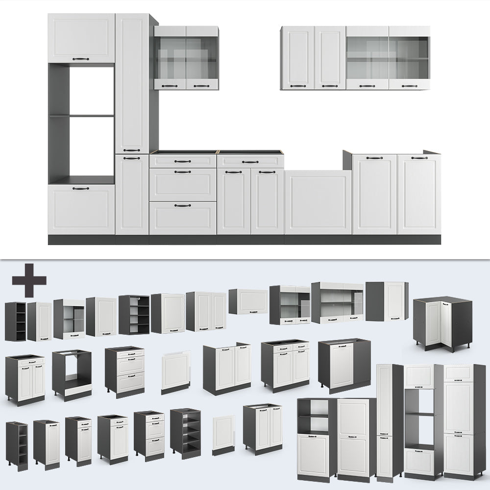 Vicco Cucina componibile Bianco casa di campagna/antracite 350 cm con armadio alto, senza piano di lavoro
