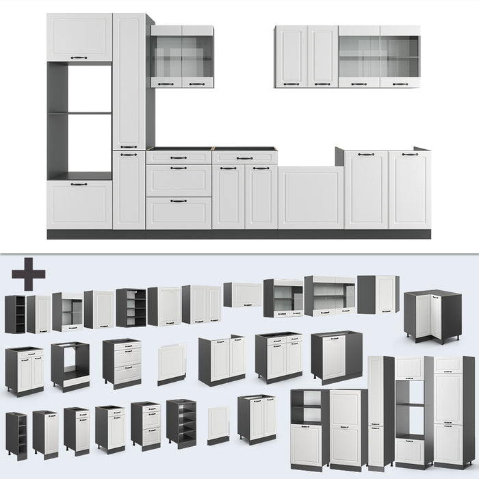 Vicco Cucina componibile Bianco casa di campagna/antracite 350 cm con armadio alto, senza piano di lavoro