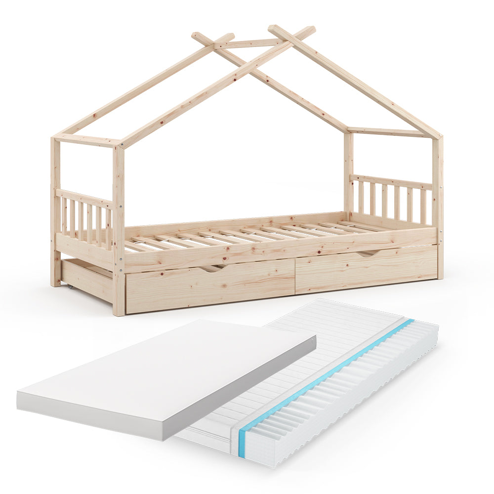 Vitalispa Letto montessori bambini Legno naturale 90x200 cm con letto per ospiti e 2 materassi