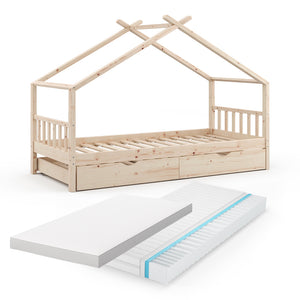 Vitalispa Letto montessori bambini Legno naturale 90x200 cm con letto per ospiti e 2 materassi