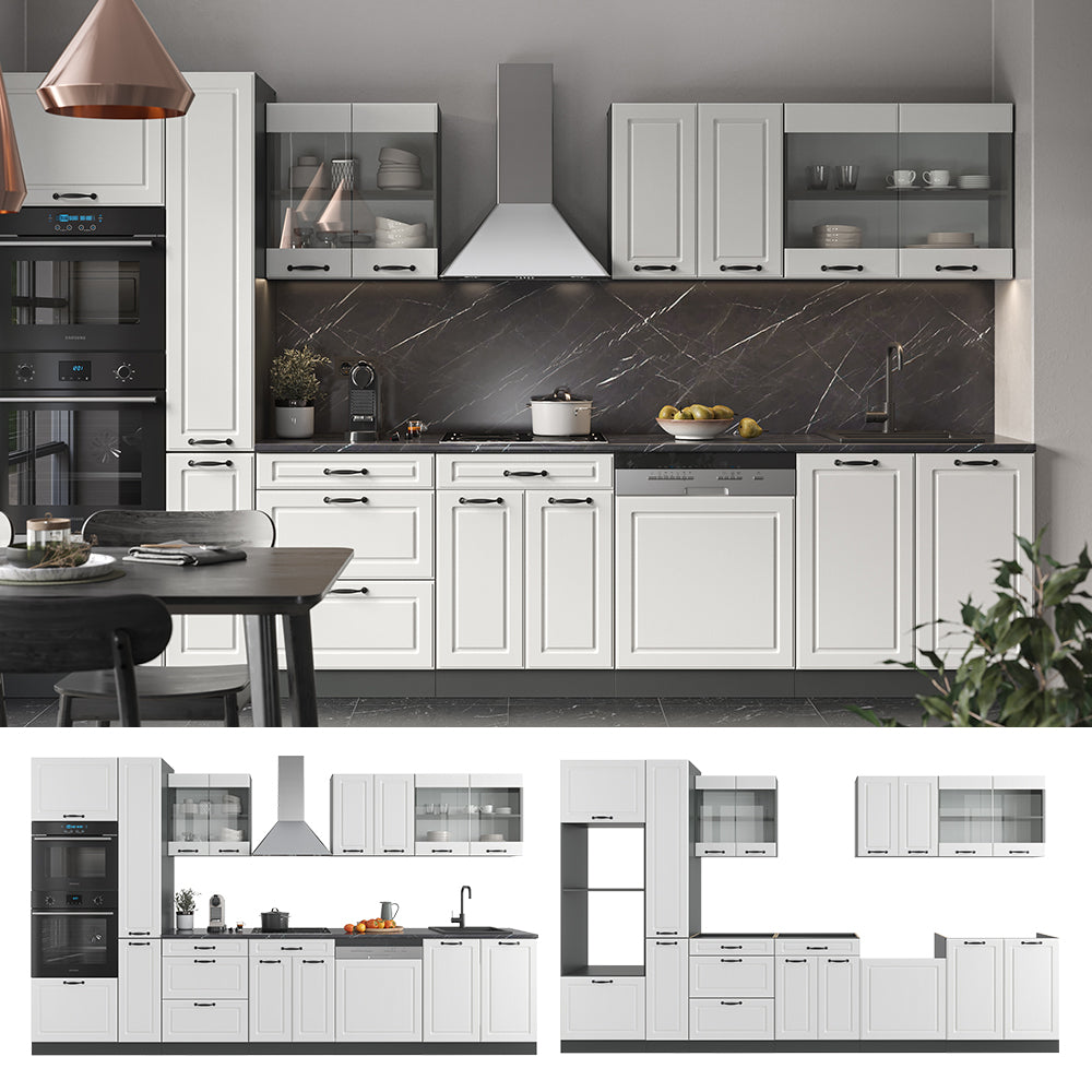 Vicco Cucina componibile Bianco casa di campagna/antracite 350 cm con armadio alto, senza piano di lavoro