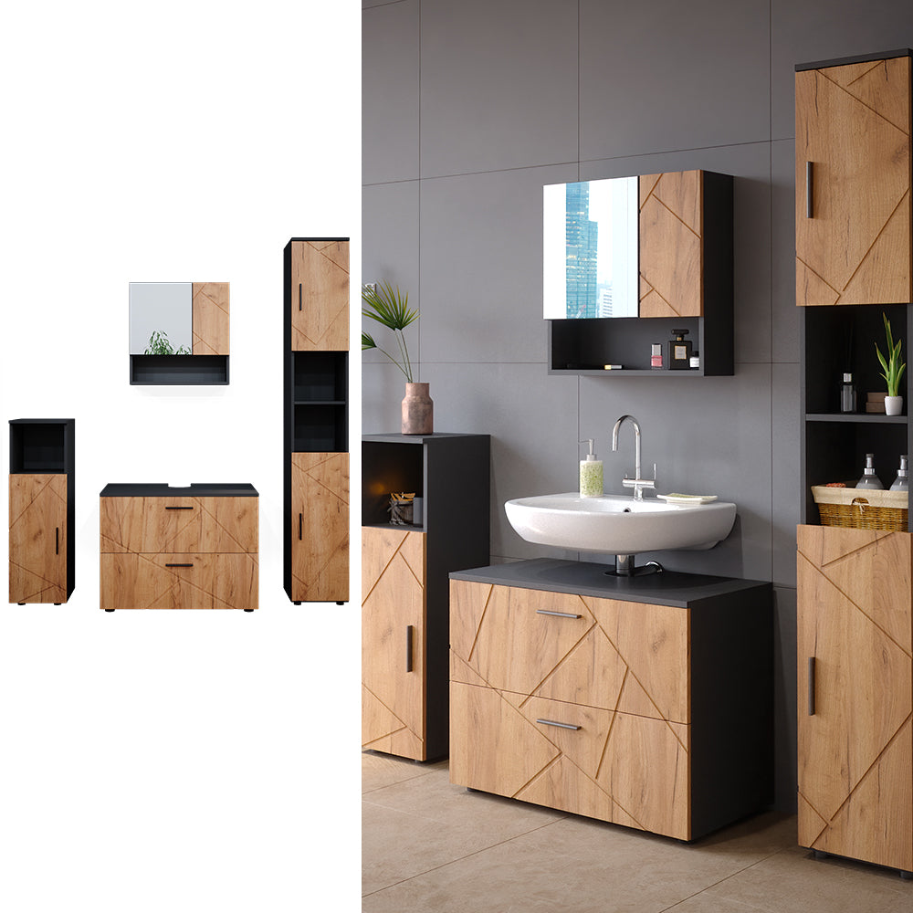 Vicco Set mobili bagno Quercia dorata/antracite 4 parti, con cassettiera e colonna