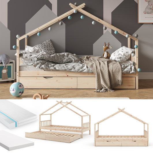 Vitalispa Letto montessori bambini Legno naturale 90x200 cm con letto per ospiti e 2 materassi