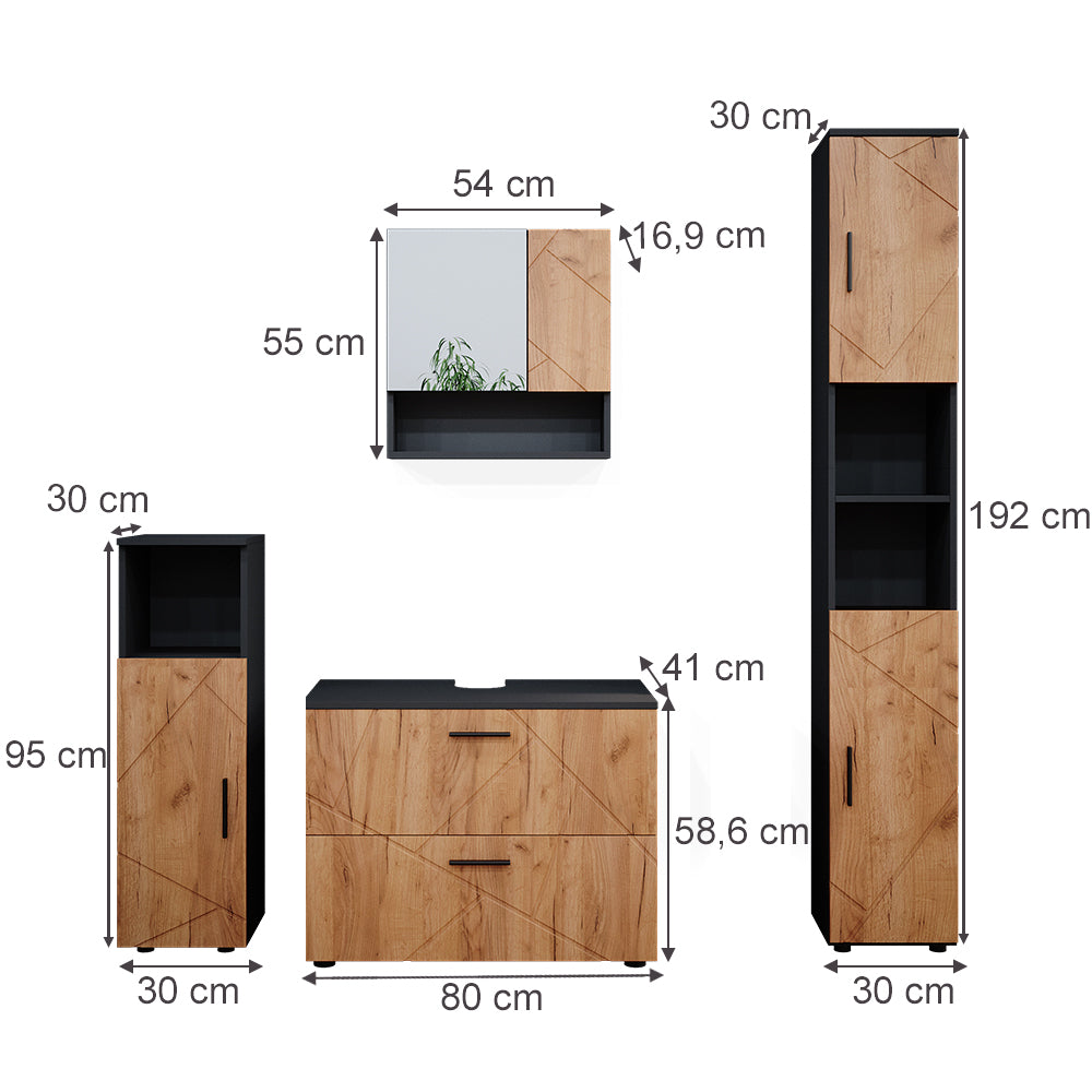 Vicco Set mobili bagno Quercia dorata/antracite 4 parti, con cassettiera e colonna