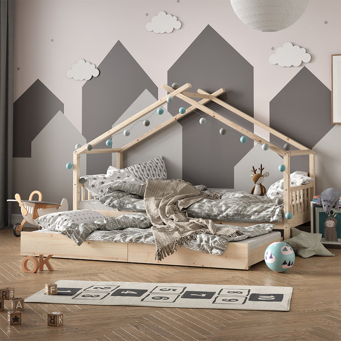 Vitalispa Letto montessori bambini Legno naturale 90x200 cm con letto per ospiti e 2 materassi