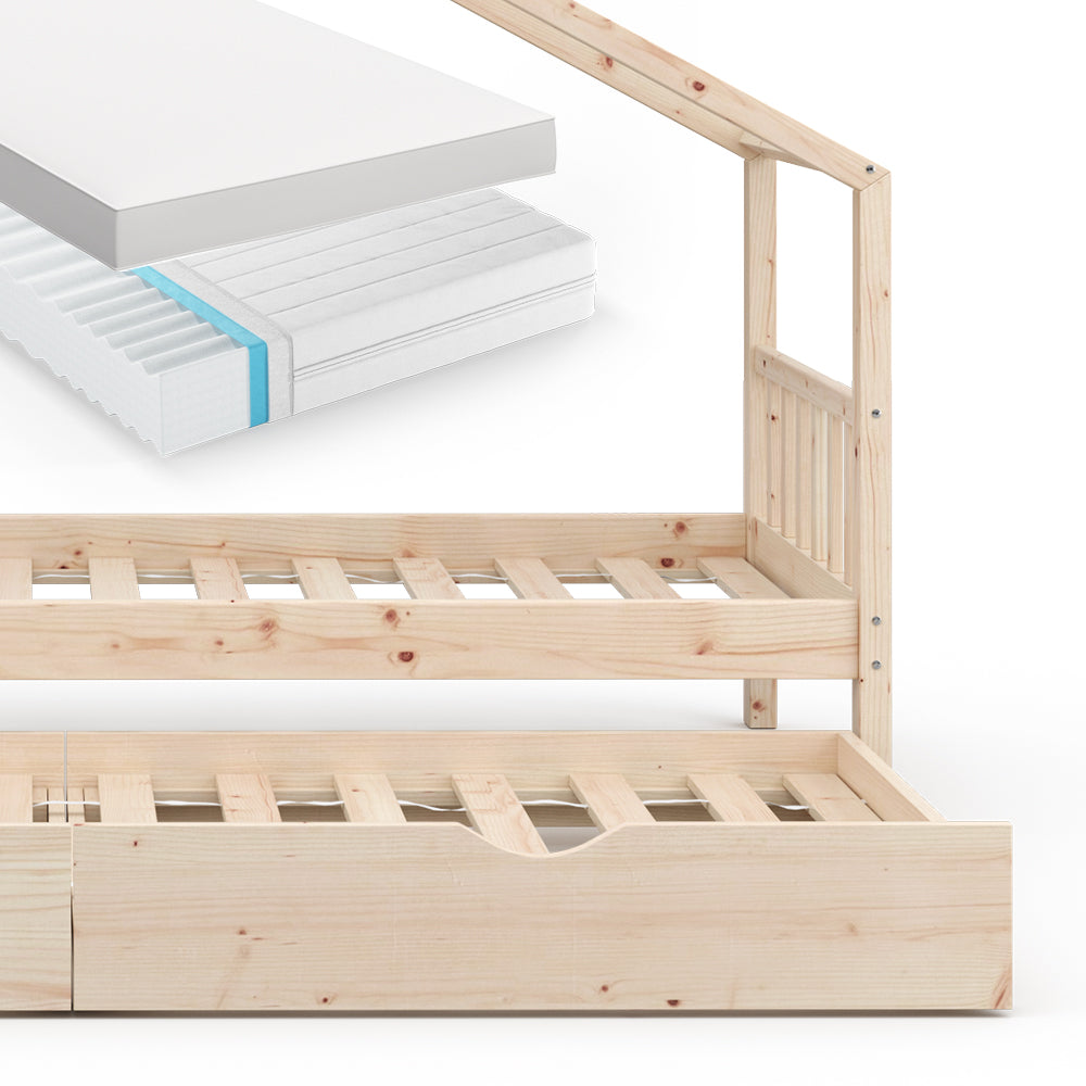 Vitalispa Letto montessori bambini Legno naturale 90x200 cm con letto per ospiti e 2 materassi