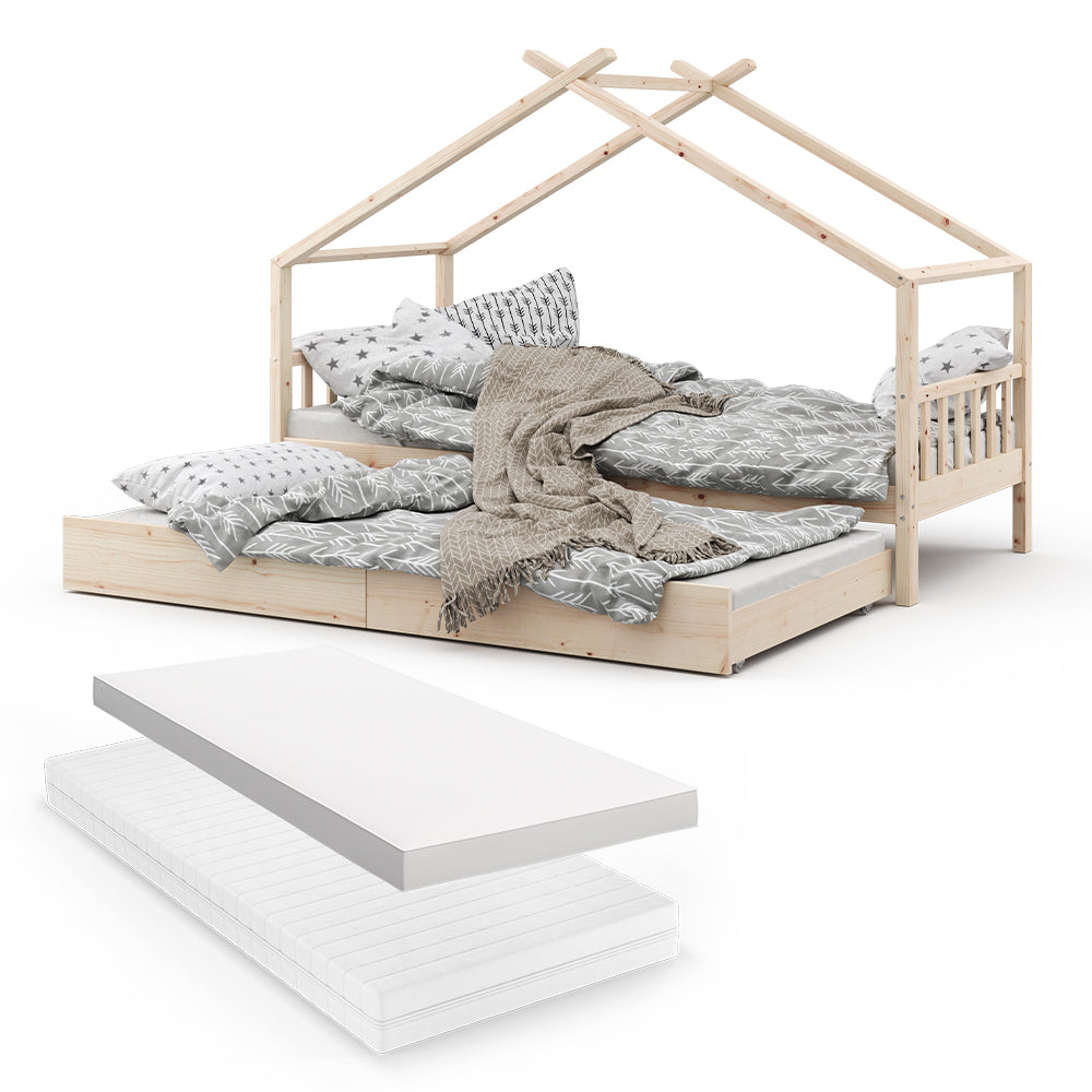 Vitalispa Letto montessori bambini Legno naturale 90x200 cm con letto per ospiti e 2 materassi
