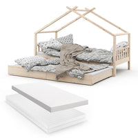 Vitalispa Letto montessori bambini Legno naturale 90x200 cm con letto per ospiti e 2 materassi