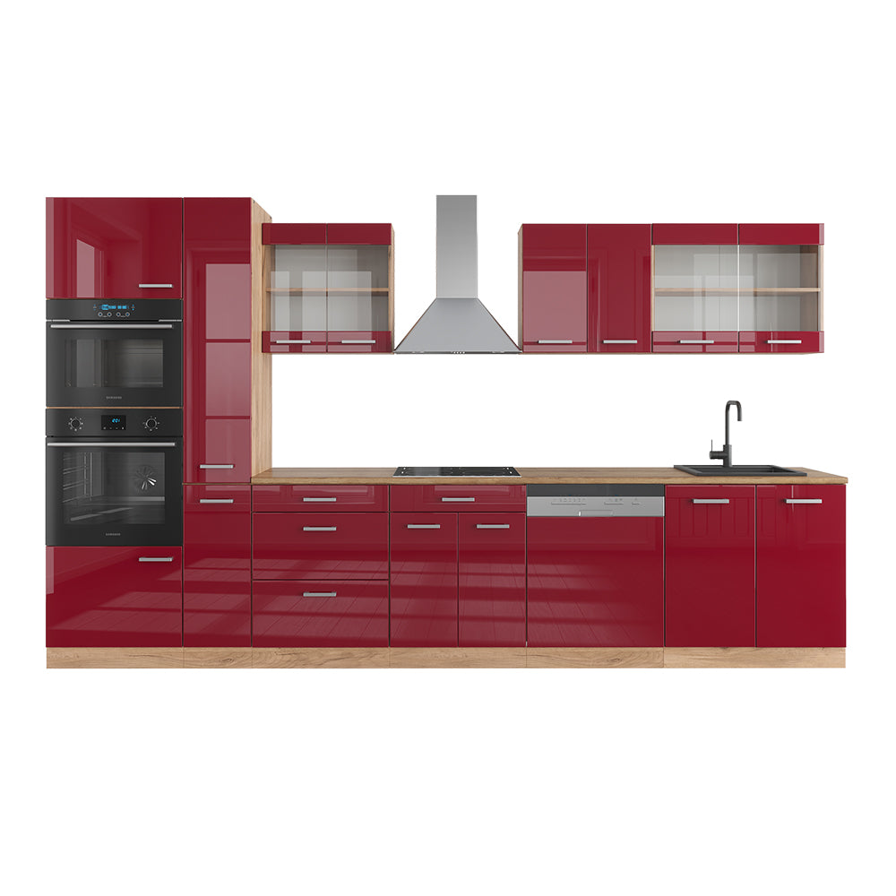 Vicco Cucina componibile Rosso lucido/rovere dorato 350 cm con armadio alto, senza piano di lavoro