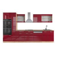 Vicco Cucina componibile Rosso lucido/rovere dorato 350 cm con armadio alto, senza piano di lavoro