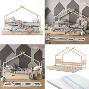 Vitalispa Letto montessori bambini Legno naturale 90x200 cm con letto per ospiti e 2 materassi