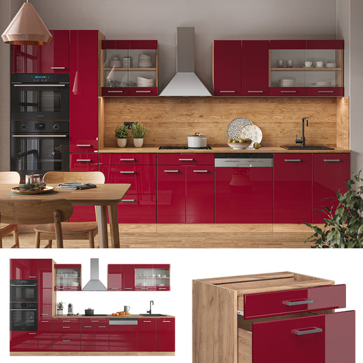 Vicco Cucina componibile Rosso lucido/rovere dorato 350 cm con armadio alto, senza piano di lavoro