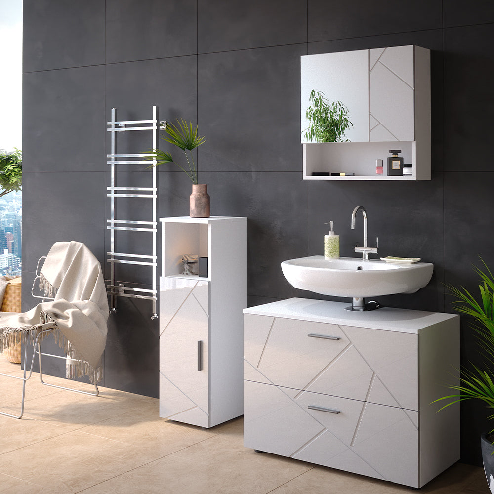 Vicco Set mobili bagno Bianco lucido 3 parti, con mobile midi