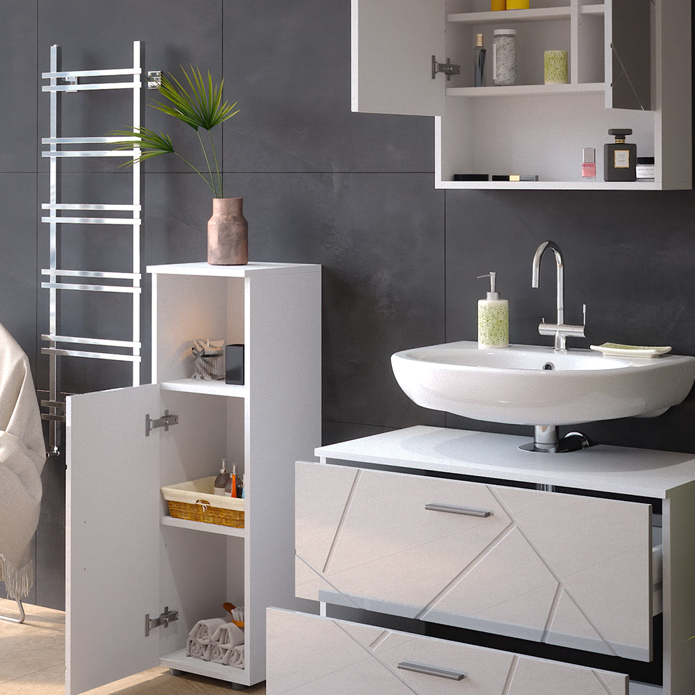 Vicco Set mobili bagno Bianco lucido 3 parti, con mobile midi