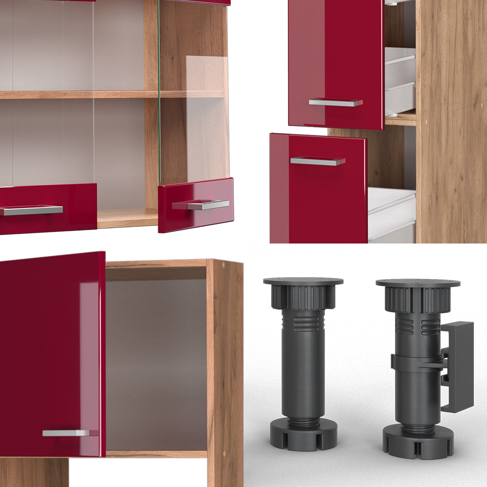 Vicco Cucina componibile Rosso lucido/rovere dorato 350 cm con armadio alto, PL Marmo