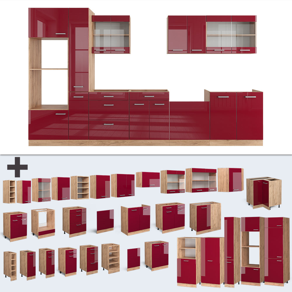 Vicco Cucina componibile Rosso lucido/rovere dorato 350 cm con armadio alto, PL Marmo